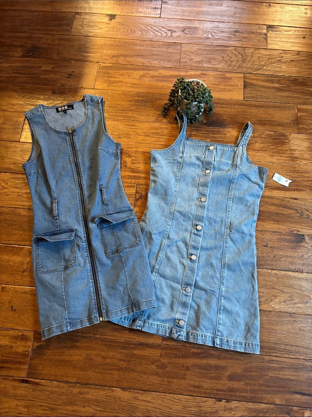 🆕 with tags Light Wash Denim Button-Front Dress & Zipper Pinafore Duo